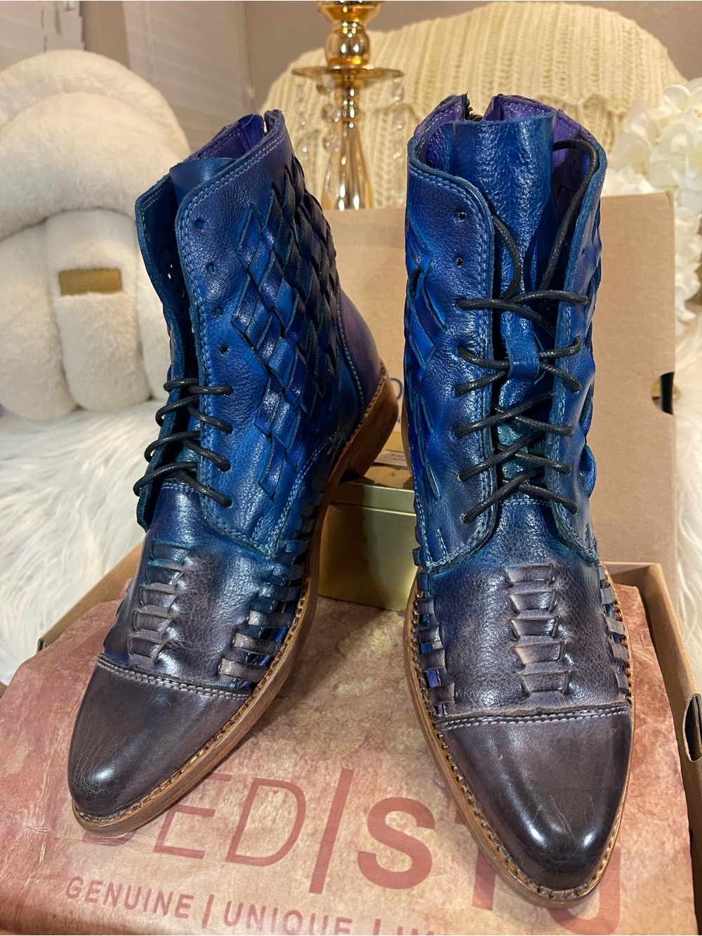 Bed Stu NWT/NIB “Loretta” Ankle Booties in Unique Moody Blues Tie Dye MSRP$275